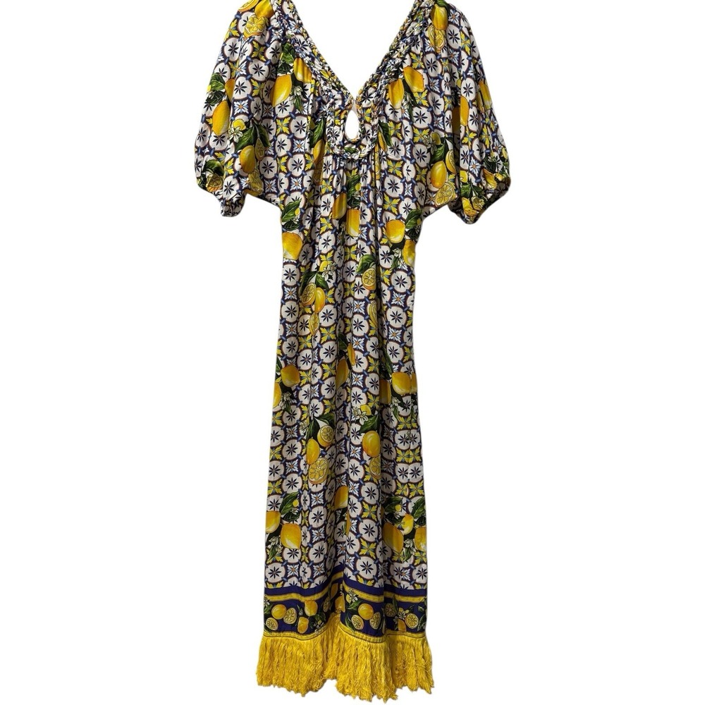 NWT America & Beyond OOAK CITRUS LEMON PRINTED Maxi DRESS Fringe Boho Chic Small